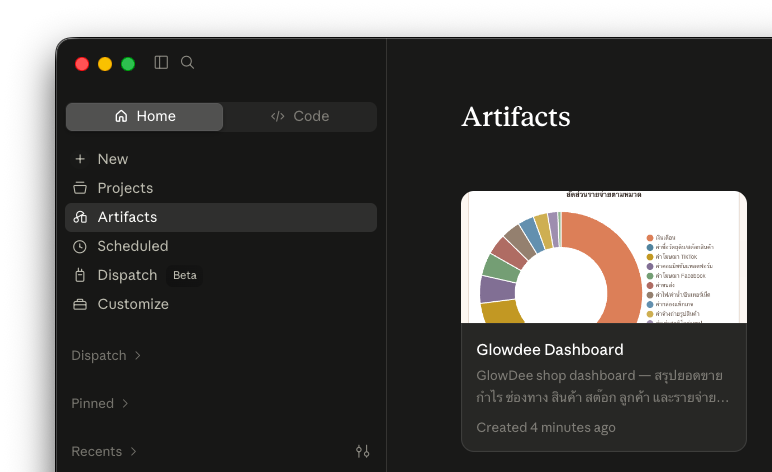 เมนู Artifacts ในแถบซ้าย และการ์ด Glowdee Dashboard ที่เพิ่งสร้าง
