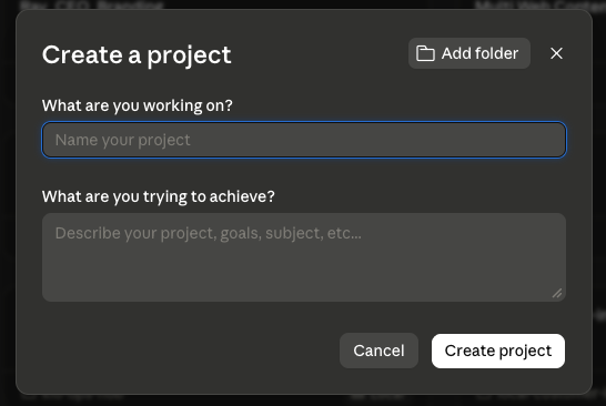หน้าต่าง Create a project มีช่องตั้งชื่อ ช่องบอกเป้าหมาย และปุ่ม Add folder