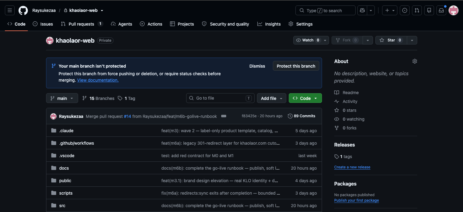 หน้า repo จริงบน GitHub เห็นชื่อ branch main จำนวน 15 branches รายการไฟล์ และตัวเลข 89 commits